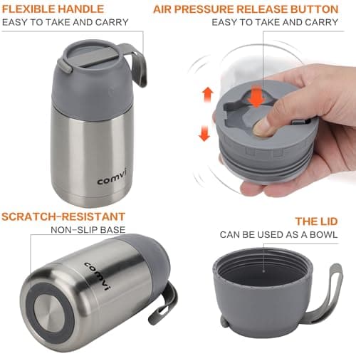 Maqash Insulated Food Flask 630 ml – Stainless Steel Thermal Soup Flask with Spoon, Leakproof Hot Food Jar for School, Work & Travel – Keeps Food Hot 12h / Cold 24h – BPA‑Free Wide Mouth - Grey — view 3