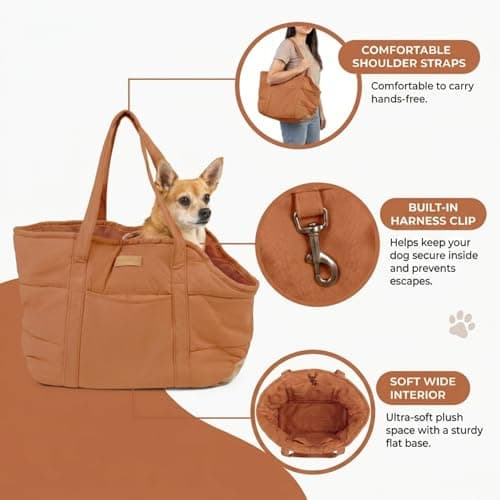 Plush Dog Purse Carrier for Small Dogs, Soft Dog Tote Bag with Safety Harness Clip, Cozy Pet Carrier for Dogs Under 15 lbs, Comfortable Dog Shoulder Carrier for Travel, Brown — view 4