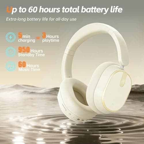 MMWOWARTS Hybrid Active Noise Cancelling Bluetooth Headphones,Bluetooth 6.0 Over Ear Wireless Headphones with 60H Playtime, Hi-Res Audio, Deep Bass, Memory Foam Ear Cups for Home Office Travel White — view 4