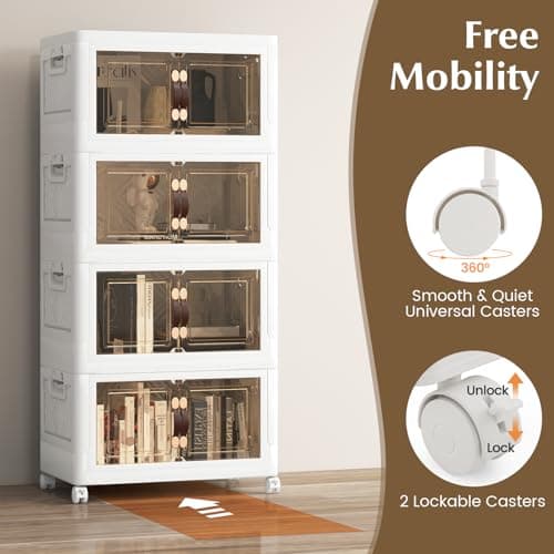 Multigot Folding Shoe Storage Box, 3/4/5 Tier Stackable Shoe Organizer Containers with Lid & Doors and Lockable Wheels, Collapsible Plastic Storage Bins Cabinet (59 x 37 x 137cm, 4-Tier) — view 6