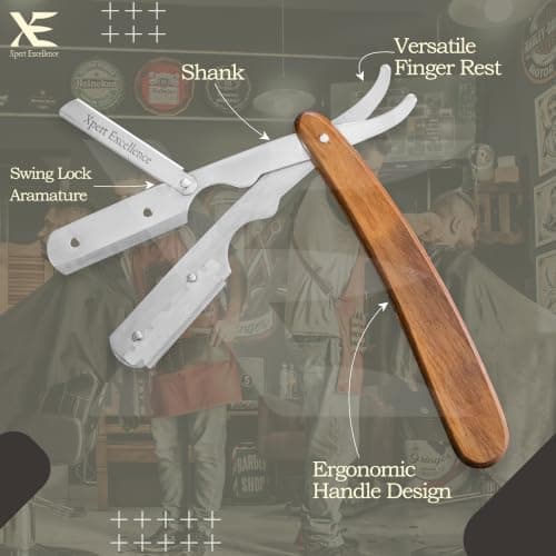XE Barber Cut Throat Razor Kit – Single Edge Barber Shaping Tool with Wooden Handle Straight Edge Cut Throat Razor – Ideal for Beard and Moustache Shaving – Blades not Included — view 5