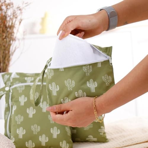 Treer 3 PCS Wet Bags Baby Cloth Nappy Wet Bag Waterproof Reusable Pastoral Style Print Diaper Bags with Zipper,Wet Dry Organizer Bag for Swimming, Baby Diaper, Travel Beach (Khaki Goose) — view 6