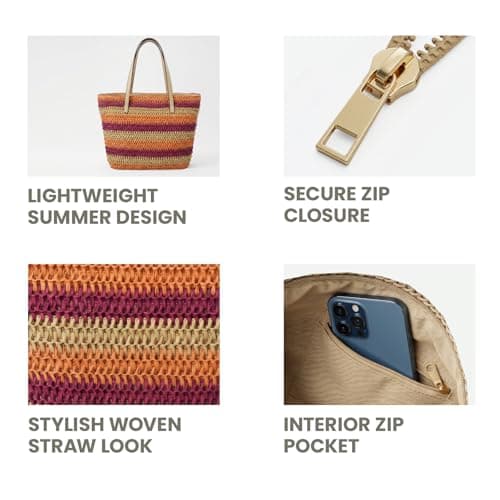 Nicole Brown Women's Straw Tote Bag Blue Multi – Woven Summer Beach Bag with Zip Closure & Interior Pocket, Lightweight Holiday Shoulder Shopper for Travel, Shopping & Beach Days — view 3