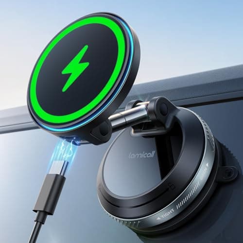Lamicall for MagSafe Car Mount Charger, 15W Magnetic Wireless Car Charger, 70 Lbs Vacuum Suction Cup Phone Mount 360° Adjustable with Dual USB-C Ports, for iPhone 17 Pro Max 16 15 14 13 12 - Black