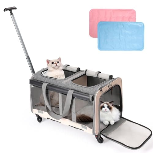 Double Compartments Rolling Cat Carrier with Wheels,Breathable for 2 Cats