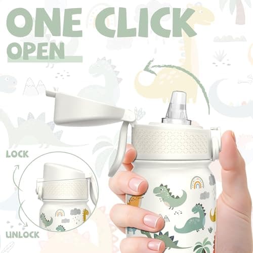 GOPPUS 350ml/12oz Kids Stainless Steel Water Bottle with Straw Toddler Drinks Bottle with Handle Small Insulated Bottles School Cold Metal Flask with Flip Top Lid BPA Free (White Dinosaur) — view 3