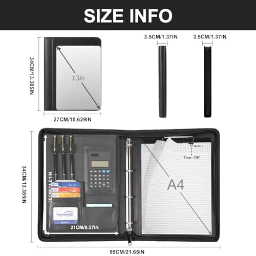 Leathario Portfolio Folder A4, Vegan Leather 4-Ring Conference Folder, Includes 10 Clear Sheet Protectors and a Pen, Multi-Pocket Travel Document Holder, Folder Organiser, Office Supplies — view 2