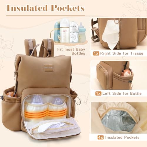 MISS FONG Changing Bag Backpack, Baby Bag Backpacks Neoprene Baby Changing Bags Nappy Maternity Bag Travel Large Capacity with Changing Mat Stroller Insulated Pockets 12 Pockets for Mom & Dad-Brown — view 5