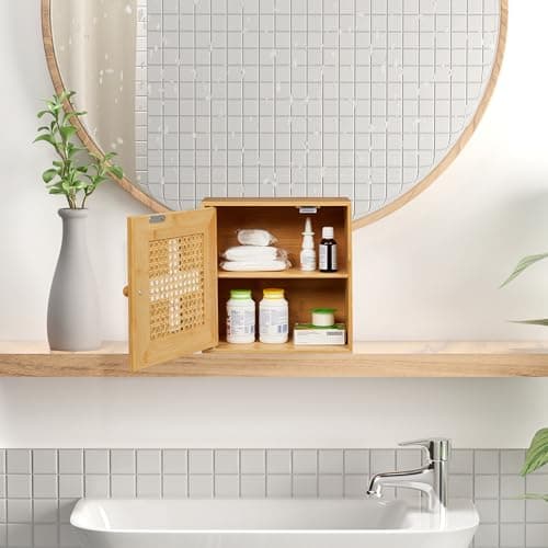 Relaxdays Medicine Cabinet, Bamboo, Freestanding First Aid Cupboard, HWD: 28 x 28 x 16 cm, Medication Storage, Natural — view 2