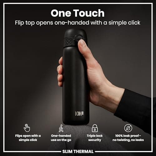 Ion8 Vacuum Insulated Steel Water Bottle, 500 ml/17 oz, Leak Proof, Easy to Open, Secure Lock, Dishwasher Safe, Fits Cup Holders, Carry Handle, Scratch Resistant, Metal Water Bottle, Black — view 3