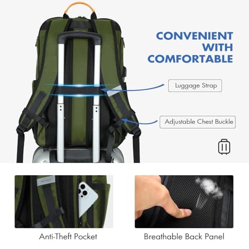 Ponhog Mens Backpack - 30L Large Capacity Laptop Rucksack for Men, 17.3 Inch Anti-Theft Business Bag with USB Port & Multiple Pockets, Durable 900D Nylon for Work/Travel/College, Green — view 4