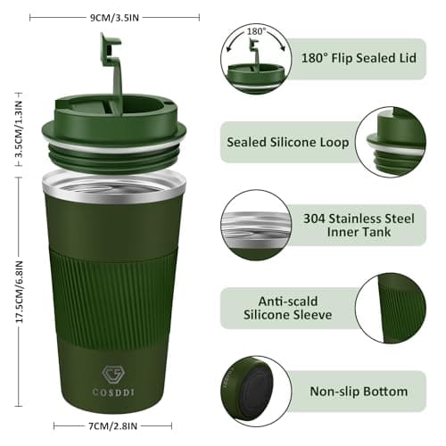 CS COSDDI Travel Mugs, Insulated Coffee Cup with Leakproof Lid - Reusable Coffee Cups Travel - Car Coffee Cup - Stainless Steel Coffee Mug for Hot and Cold Water and Tea(Green-A, 510 ml) — view 4
