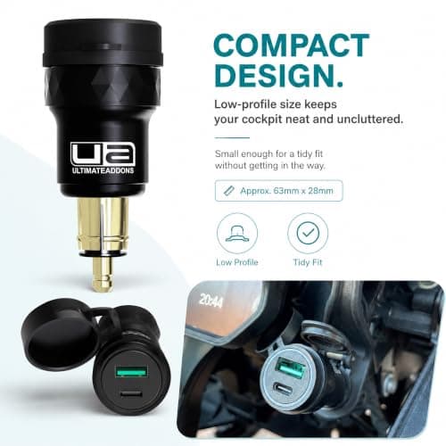 UltimateAddons DIN Motorcycle USB Charger, Dual Port USB-A QC 3.0 18W + USB-C PD 20W Fast Charger with Protective Cap, 12V Auxiliary Socket Adapter for Compatible BMW, Triumph & Ducati Motorcycles — view 3