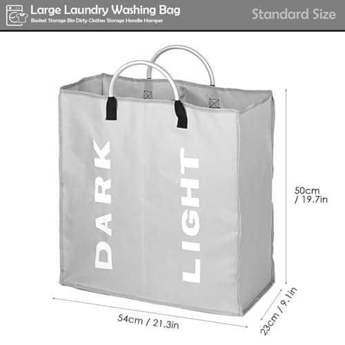 Double Compartment Laundry Basket with Handles | Collapsible Divided Clothes Hamper for Dark and Light Washing | Large Slim Portable Laundry Storage Bag for Home Dorm Travel Light Grey — view 2