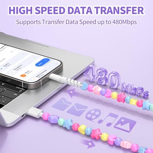 Coolden for iPhone Charger Cable 1M 66W 3A Fast Charging Phone Charger Cables Cute Stars Beaded Girls Women iPhone Charging Cable for iPhone 14 13 12 11 Pro Max XS XR X 8 7 6, iPad and iPod-Colorful — view 4