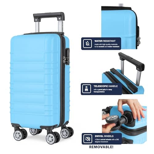 Easyjet Cabin Bag 45x25x20 with Removable Wheels, ABS Hard Shell 4 Spinner Trolley Carry On Suitcase, Hand Luggage Suitcase Fits Ryanair, Jet2, Water Resistant & Safe Locking (Blue, Small) — view 4