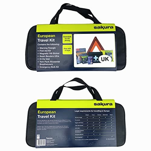 Sakura EU Travel and First Aid Kit - Warning Triangle, Beam Converters, Breathalyser, Bulb Kit, Hi-Vis Vest, Magnetic GB Sticker Perfect for Car, Home, Work — view 2