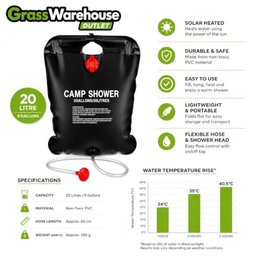 GrassWarehouse 20L Solar Shower Camping Bag Portable Outdoor Camp Shower with Hose & Shower Head, Solar Heated 5 Gallon Water Bag for Camping, Beach, Hiking, Festivals & Garden Use — view 2