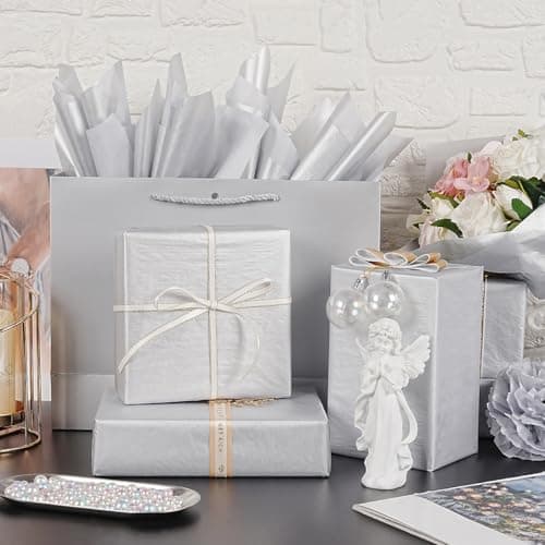Silver Tissue Paper 35x50cm, 60 Sheets Metallic Silver Colors for Gift Bags Wrapping Gifts Packing Crafts, Shimmer Tissue Paper Bulk for Birthday Wedding Baby Shower Christmas Party Flowers Decor — view 3