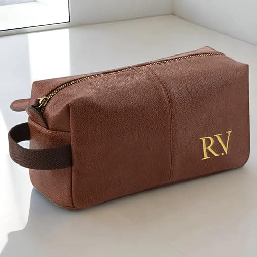 Personalised Embroidered Men's Leather Wash Bag with Strap, Black or Brown, Leather Toiletry Bag Embroidered with Initials — view 3