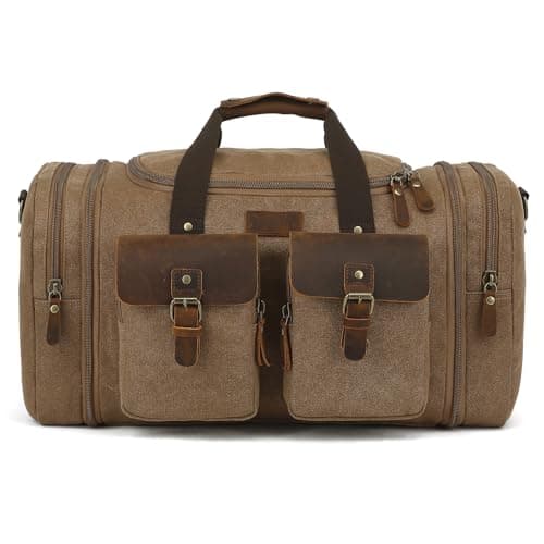 Imyth 60L Large Capacity Leather Duffle Bag - Classic Vintage Expandable Canvas Weekend and Overnight Travel Bag, Airplane Carry-On Luggage（Coffee） — view 2