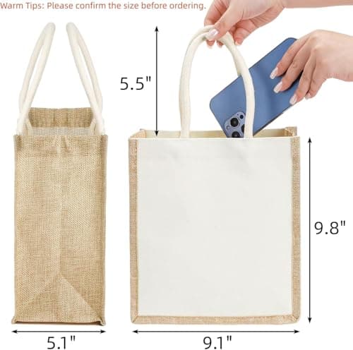SOUJOY 6 Pack Burlap Tote Bags, 23×25cm Reusable Jute Gift Tote with Handles, Small Beach Bags, Canvas Grocery Shopping Tote for Thanksgiving, Christmas, Bridesmaid, DIY, Shopping, Pool, Wedding Bag — view 4