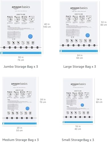 Amazon Basics Vacuum Compression Zipper Storage Bags with Airtight Valve and Hand Pump, 3x (Jumbo, Large, Medium, Small), 12-Pack, Multiple, Clear — view 6