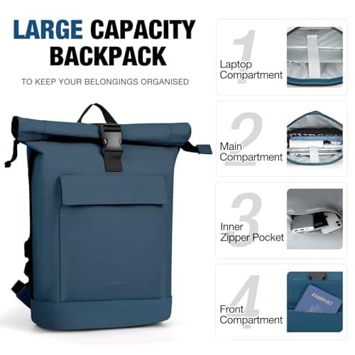 Lekeinchi Rolltop Backpack for Men and Women, Elegant Laptop bag, Waterproof with 17 Inch Laptop Compartment, Large Travel Backpack, Daypack, School, Travel, University (Blue) — view 4