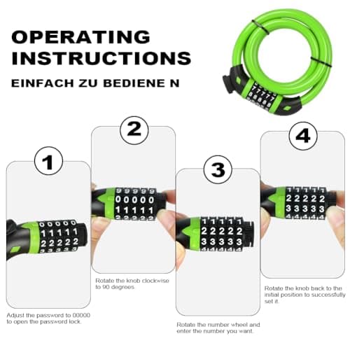 Ainiv Bike Lock, High Security 5-Digit Combination Coiling Cable Lock, 1.2mx12mm, Heavy Duty Bike Lock with Mounting Bracket, for Bike, Motorbike, Scooter, Gate, Fence, Green — view 6