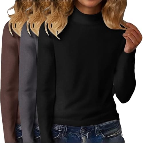 YCBMINGCAN Pack of 3 Women's Thermal Shirt Long Sleeve & Turtleneck Shirt Lightly Lined Soft Basic Top with Stand-Up Collar Thin Fleece Undershirt Winter Tops for Women, #3 Red, L — view 5