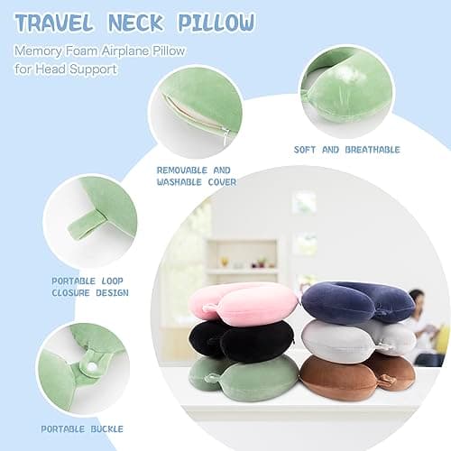 WENGX Travel Pillow Neck Pillow Memory Foam Travel Pillows Head Support Cushion for Airplane Train Car Office Travel Essential Flight Pillows for a Long Hauls Sleeping Rest (Green) — view 4