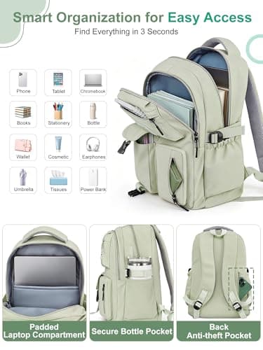 FIORETTO Lightweight School Backpack Womens, Cute School Bag for Teenager Girls, 15.6 Laptop Rucksack Backpack for School Casual Daypacks Travel Backpack for College Work Green 25L — view 4