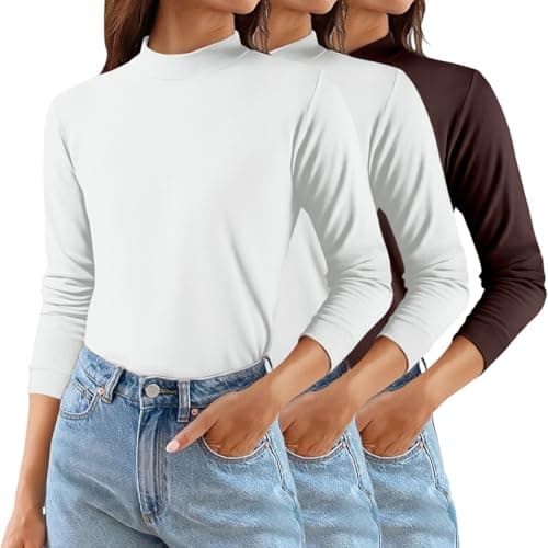 YCBMINGCAN Pack of 3 Women's Thermal Shirt Long Sleeve & Turtleneck Shirt Lightly Lined Soft Basic Top with Stand-Up Collar Thin Fleece Undershirt Winter Tops for Women, #3 Coffee, M — view 2