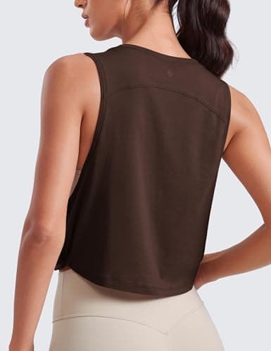 CRZ YOGA Pima Cotton Summer Gym Sleeveless Vest Tops for Women Light Elastic Running Crop Top Loose Crew Neck Yoga Shirt Hot Fudge Brown 14 — view 4