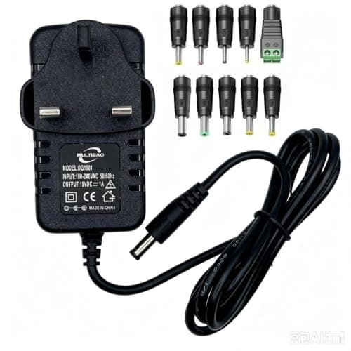Multibao 15V 1A AC‑DC Power Supply Adapter, 1000mA Wall Charger with 10 Pack Universal DC Connector Tips for LED Strip Lights, Security CCTV Cameras