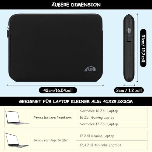 AIPIE Laptop Sleeve 17 17.3 Inch Laptop Bump Absorb Case, Durable Work Bag for Notebook Women Man Business Trip Gaming PC Cover Compatible with Acer, Asus, Dell, HP, Lenovo Black, 17 Inch — view 2