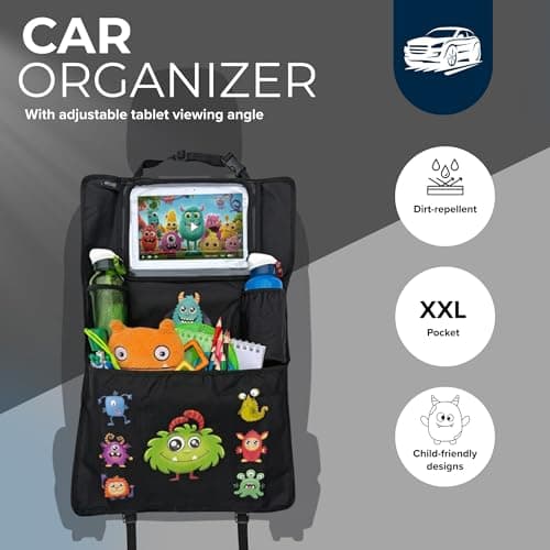 HECKBO 1x Monster Children’s Car Back Seat Organiser with Touch Tablet Holder – Insulated Drinks – Extra Large Storage Compartment – Easy Installation — view 2