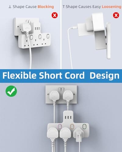 Multi Plug Extension 3 Way 3 USB with Flexible Plug, Mscien Individual Switched Socket Extension Adapter, Plug Extension Adapter — view 3