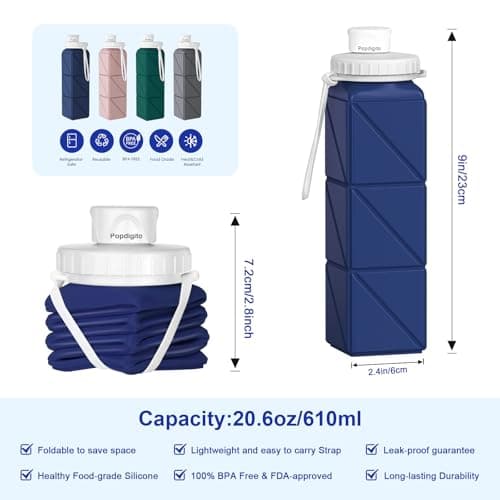 Popdigito 3 pack Collapsible Water Bottles,Silicone Foldable Portable Water Bottle 20.6oz, Lightweight Reusable Leakproof for Travel Hiking Camping Cycling Workouts Yoga Fitness Indoor Outdoor Sports — view 4