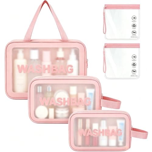 WUBAYI 5Pcs Clear Toiletry Bag, Waterproof PU Makeup Bag with Zipper Handle, Portable Airport Cosmetic Bag for Women & Men, Travel Accessories Wash Bag for Travelling & Holiday (Pink)