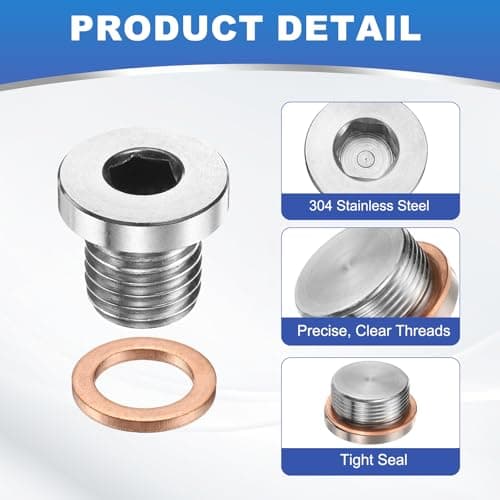 PATIKIL 2 Pcs M12 x 1.25 Metric Pipe Plug Fitting, 304 Stainless Steel Internal Hex Head Socket Pipe Cap Adapter Connector with Copper Washer for Sealing Oil Gas Water — view 3