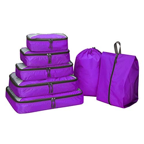 G4Free 3/6/7 Pieces Packing Cubes Organiser for Suitcase, Foldable Clothes Bag, Shoe Bag, Packing Cubes for Clothes, Luggage, Travel Set, Purple, (S+Slim+M+L+XL+Drawstring Bag+Shoes Bag)-7 Pieces