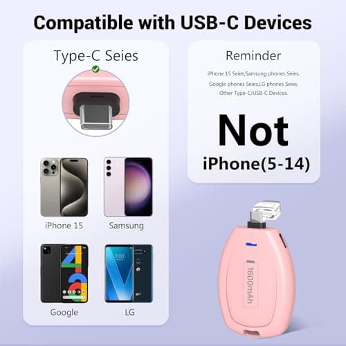 Keychain Portable Charger for Android, 2 Pack USB C 1600mAh Mini Power Emergency Pod Compatible with iPhone 17/16,Ultra-Compact External Fast Charging Android, Mini Type-C Power Banks — view 3