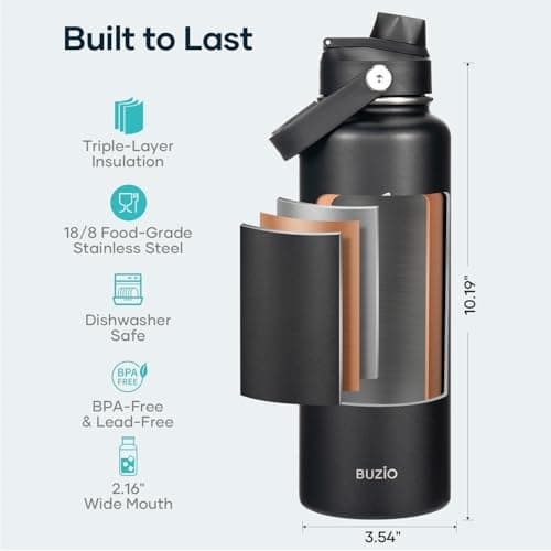 BUZIO Insulated Water Bottle 1.2L Stainless Steel with Straw & Spout Lid — view 3