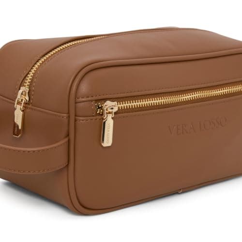 Toiletry Bag Vera Losso Premium Luxury Vegan Leather Wash Bag, Travel Toiletry Organiser with Rose Gold Hardware, Brown, 24 x 12 x 11 cm — view 5