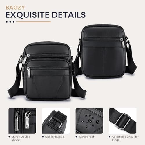 BAGZY Mens Genuine Cowhide Leather Shoulder Bag Ipad Case Bag Messenger Bag Crossbody Satchel Handbag Top-handle Travel Business bag for Kindle Tablet Wallet Purse Mobile Phones Black — view 4