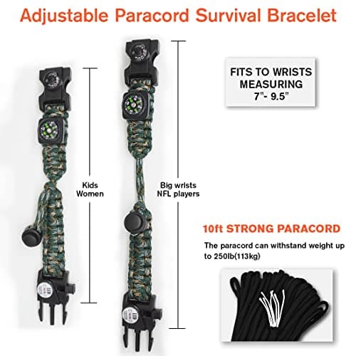 NVioAsport 20 in 1 Survival Paracord Bracelet Adjustable Gear Kit with SOS LED Light, Fire Starter, Bigger Compass, Survival Whistle, Perfect for Camping, Hiking, Fishing — view 4