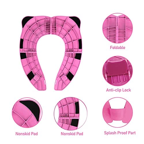 Pejoye Folding Toilet Seat Toddler, Portable Toilet Training Seat for Kids, Foldable Travel Toddler Toilet Seat in ABS Material with 8 Anti Slip Silicon Pads and 1 Carry Bag, Pink Panda — view 2
