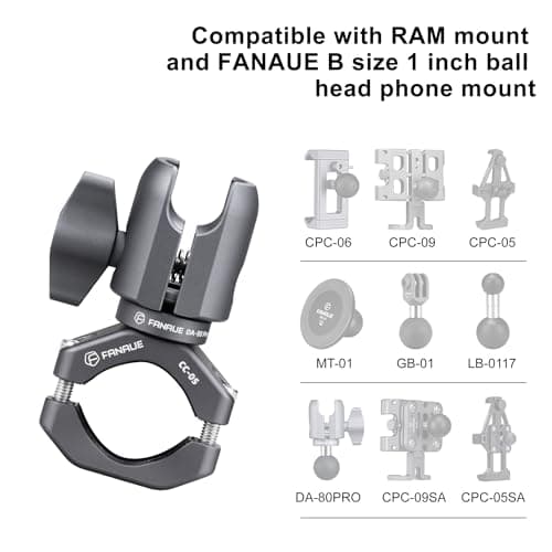 FANAUE Single Socket Arm with Handlebar Clamp Mount U-Bolt Base Compatible with RAM Mounts 1 Inch Ball Head and Bike Motorcycle Phone Holder, Can be Installed on 2.2-3.2 cm Diameter Rail Round Rod — view 2