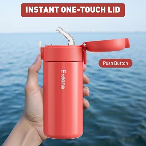 Exllena 300ml Small Water Bottle with One-Touch Soft Straw Lid, Double-Wall Vacuum Insulated Small Flask for Hot&Cold Drinks–Leak-Proof, Mini Water Bottle for Handbag, Yoga, Sport (Coral Red) — view 4